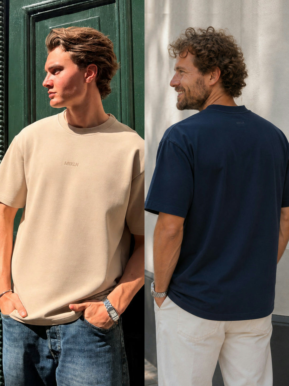 MIKLN T 02 duo-pack navy en beige, beide shirts gedragen op straat