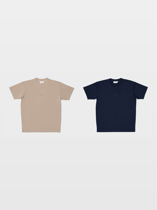 MIKLN duo-pack met twee Original T-shirts in beige en navy, ton-sur-ton logo, handgemaakt in Nederland