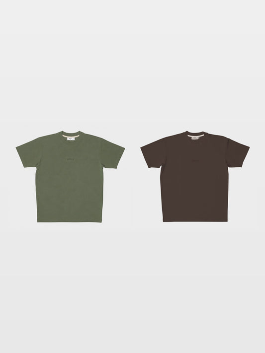 MIKLN duo-pack met twee Original T-shirts in green en brown, ton-sur-ton logo, handgemaakt in Nederland
