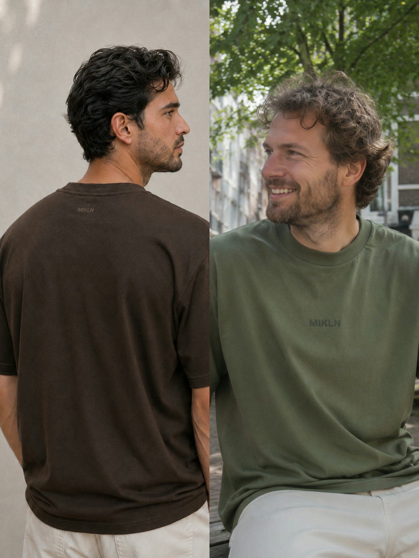 MIKLN T 02 duo-pack bruin en groen, beide shirts gedragen op straat