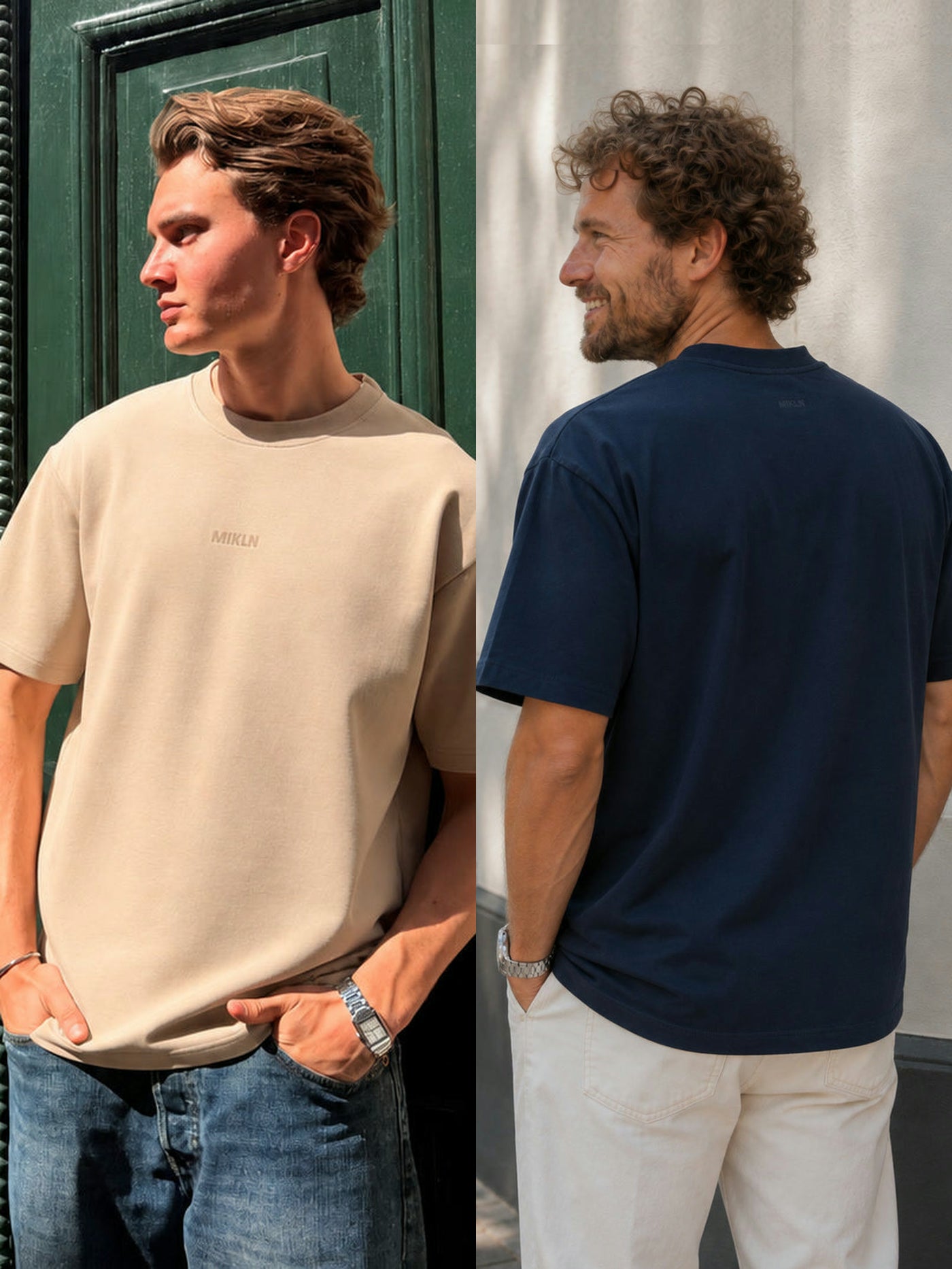 MIKLN T 02 duo-pack navy en beige, beide shirts gedragen op straat