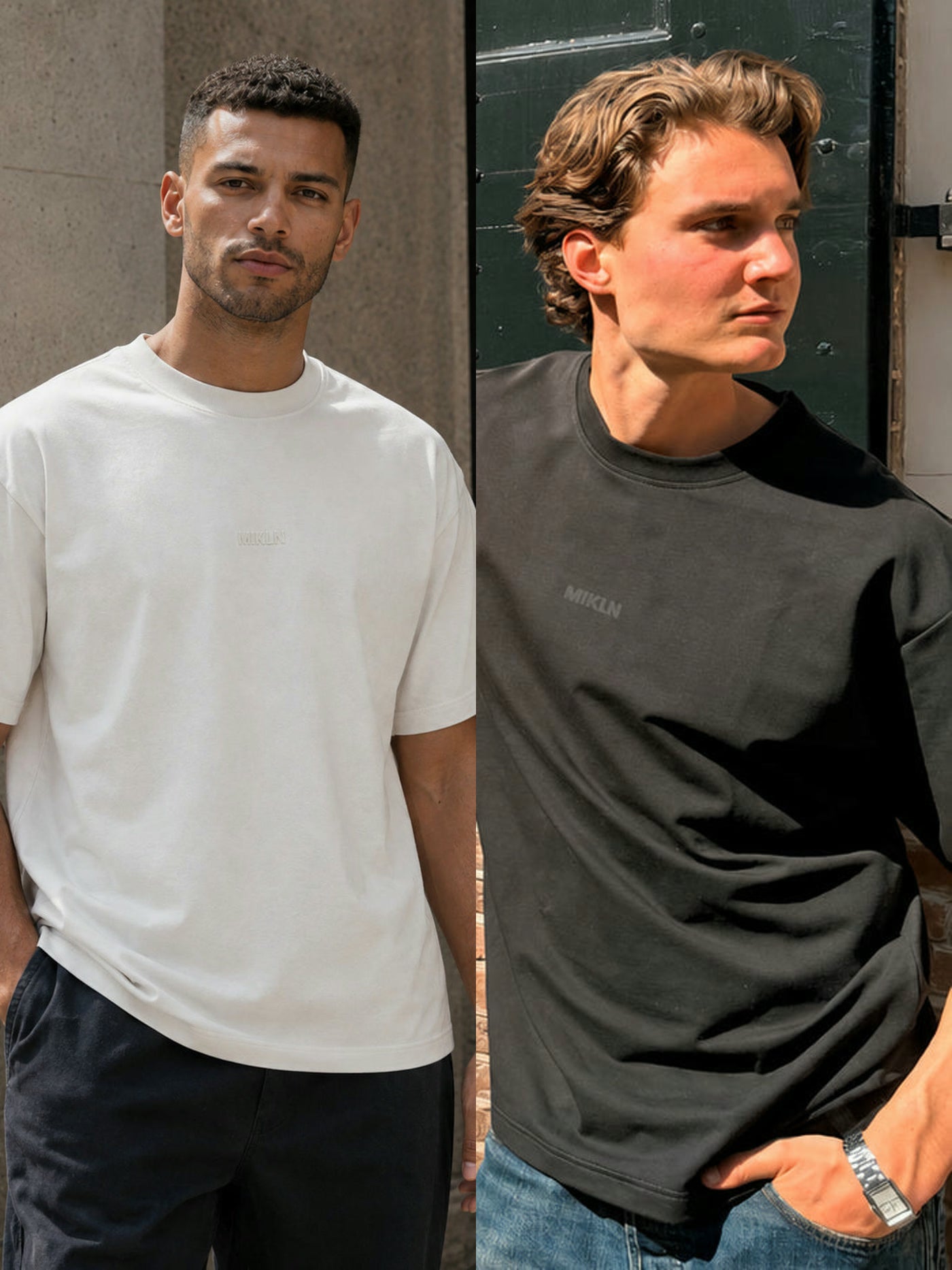 MIKLN T 02 duo-pack zwart en off white, beide shirts gedragen op straat